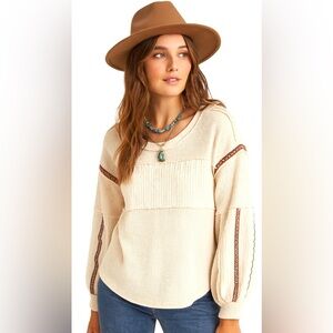 🌿 POL Cream Boho Oversized Waffle Knit Top with Embroidered Sleeve‎ Detail 🌸